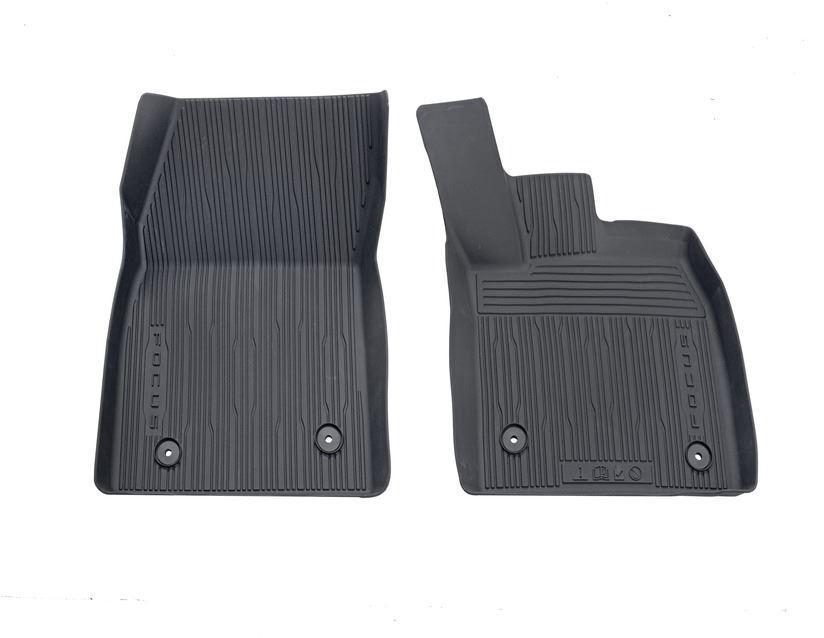 Ford Rubber Floor Mats in tray style with raised edges, front, black. Vehicles with automatic transmission.