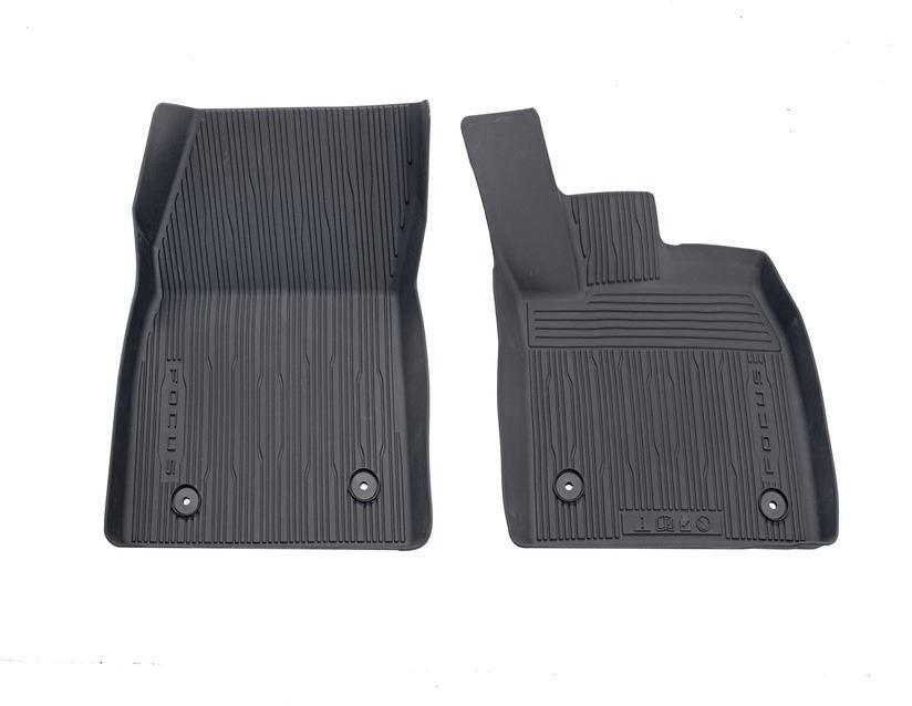Ford Rubber Floor Mats in tray style with raised edges, front, black. Vehicles with automatic transmission.