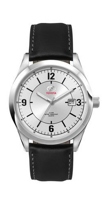 Genuine OEM Toyota Mens Silver Face Watch with Black Leather Strap