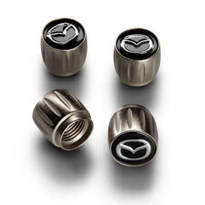 thumbnail image 2 of Mazda Black Metal Tire Valve Dust Caps – Anti-Theft Universal Fit – Set Of 4 – Chrome Accent 2 of 5